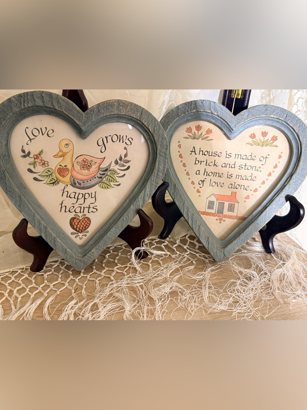 Set of 2 VTG Homco 1987 Heart Wall Hanging Cottagecore Duck Love Grows House